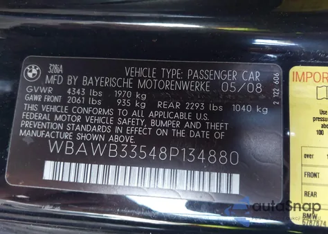 2008 BMW 328I from USA, damaged, VIN WBAWB33548P134880